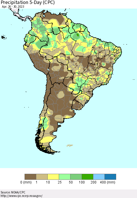 South America Precipitation 5-Day (CPC) Thematic Map For 4/26/2023 - 4/30/2023