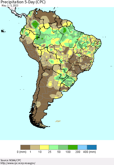 South America Precipitation 5-Day (CPC) Thematic Map For 5/1/2023 - 5/5/2023