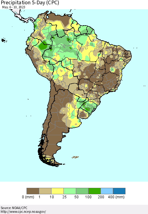 South America Precipitation 5-Day (CPC) Thematic Map For 5/6/2023 - 5/10/2023
