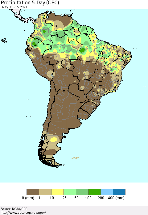 South America Precipitation 5-Day (CPC) Thematic Map For 5/11/2023 - 5/15/2023