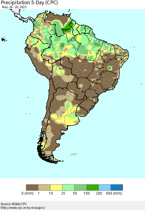 South America Precipitation 5-Day (CPC) Thematic Map For 5/16/2023 - 5/20/2023