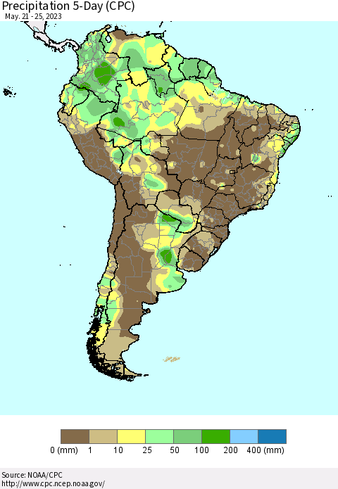 South America Precipitation 5-Day (CPC) Thematic Map For 5/21/2023 - 5/25/2023