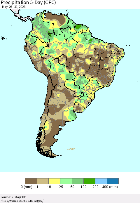 South America Precipitation 5-Day (CPC) Thematic Map For 5/26/2023 - 5/31/2023