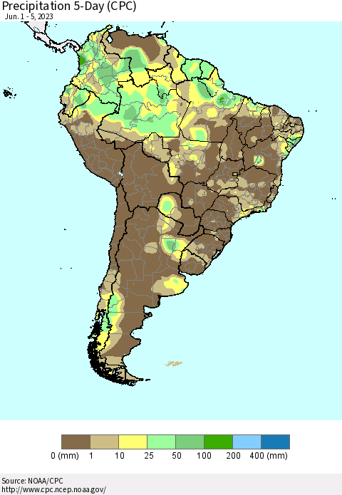 South America Precipitation 5-Day (CPC) Thematic Map For 6/1/2023 - 6/5/2023