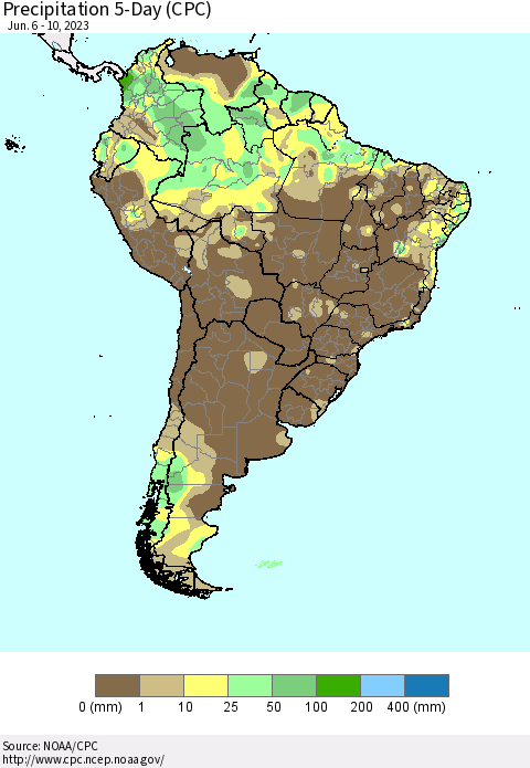South America Precipitation 5-Day (CPC) Thematic Map For 6/6/2023 - 6/10/2023