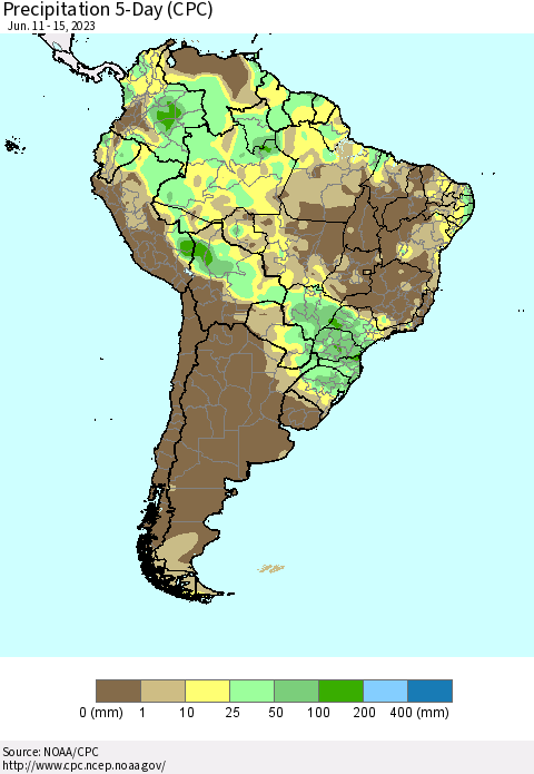South America Precipitation 5-Day (CPC) Thematic Map For 6/11/2023 - 6/15/2023