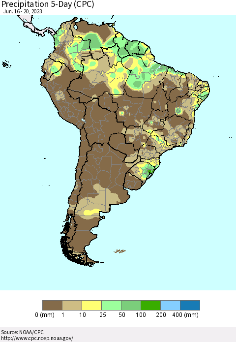 South America Precipitation 5-Day (CPC) Thematic Map For 6/16/2023 - 6/20/2023