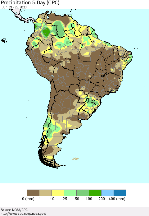 South America Precipitation 5-Day (CPC) Thematic Map For 6/21/2023 - 6/25/2023