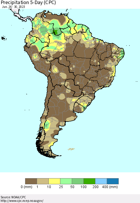 South America Precipitation 5-Day (CPC) Thematic Map For 6/26/2023 - 6/30/2023