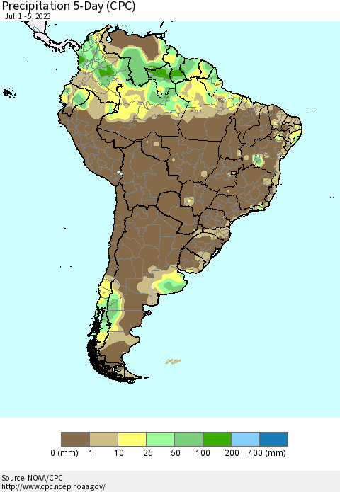 South America Precipitation 5-Day (CPC) Thematic Map For 7/1/2023 - 7/5/2023