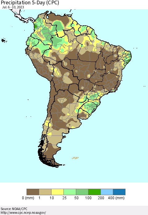 South America Precipitation 5-Day (CPC) Thematic Map For 7/6/2023 - 7/10/2023