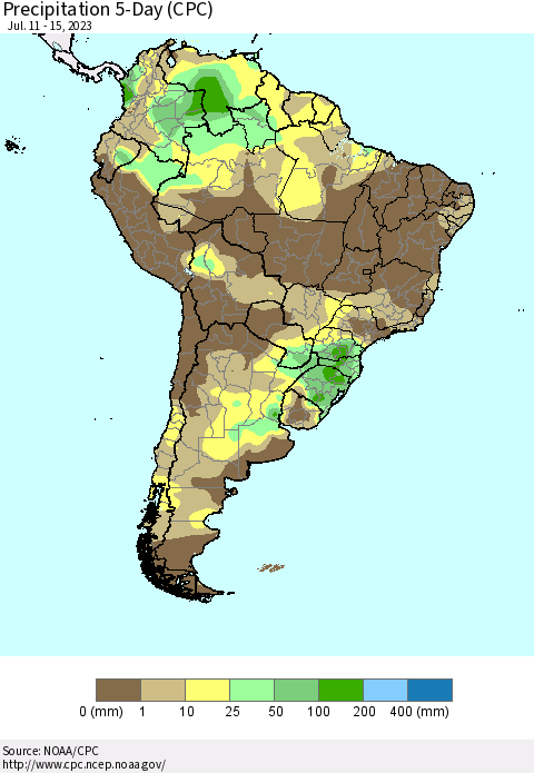 South America Precipitation 5-Day (CPC) Thematic Map For 7/11/2023 - 7/15/2023