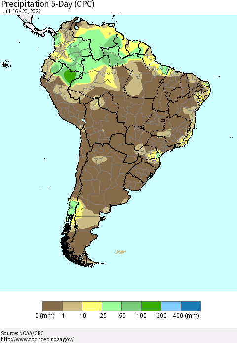 South America Precipitation 5-Day (CPC) Thematic Map For 7/16/2023 - 7/20/2023