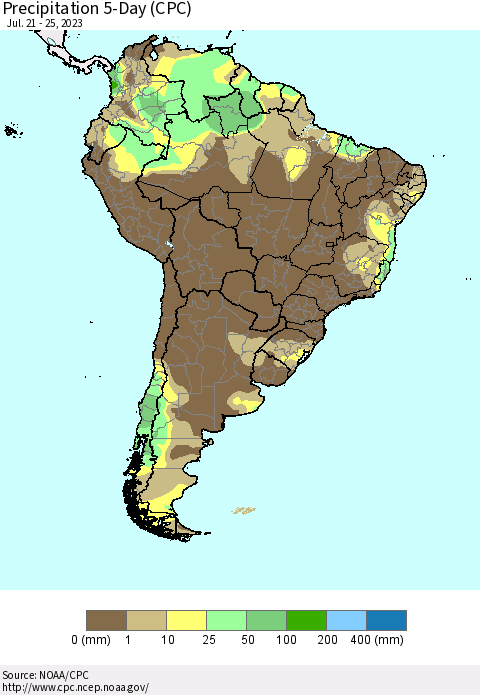 South America Precipitation 5-Day (CPC) Thematic Map For 7/21/2023 - 7/25/2023