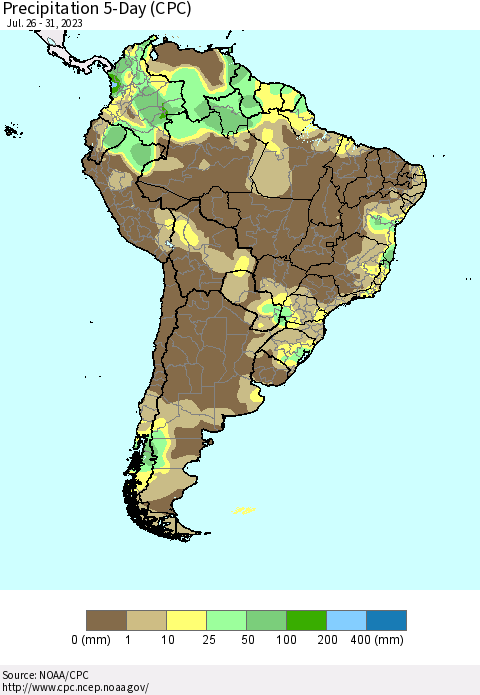 South America Precipitation 5-Day (CPC) Thematic Map For 7/26/2023 - 7/31/2023