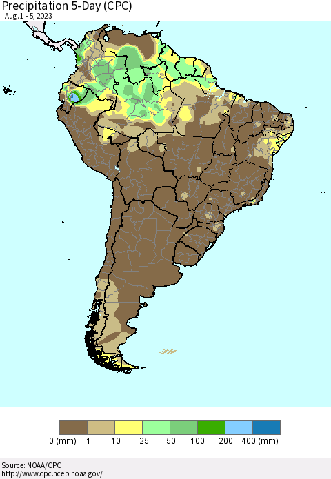 South America Precipitation 5-Day (CPC) Thematic Map For 8/1/2023 - 8/5/2023