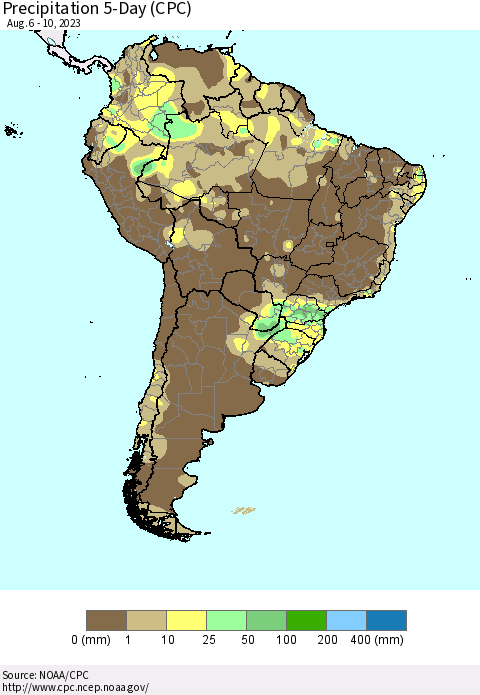 South America Precipitation 5-Day (CPC) Thematic Map For 8/6/2023 - 8/10/2023