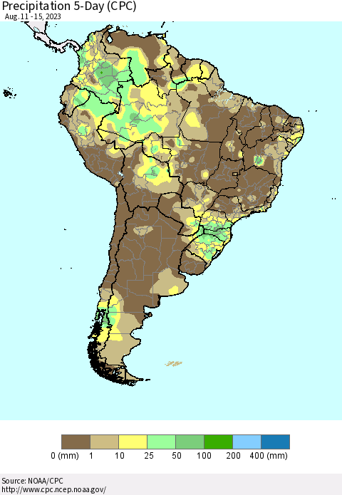 South America Precipitation 5-Day (CPC) Thematic Map For 8/11/2023 - 8/15/2023