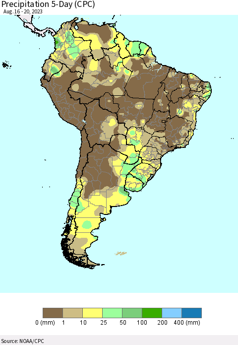South America Precipitation 5-Day (CPC) Thematic Map For 8/16/2023 - 8/20/2023