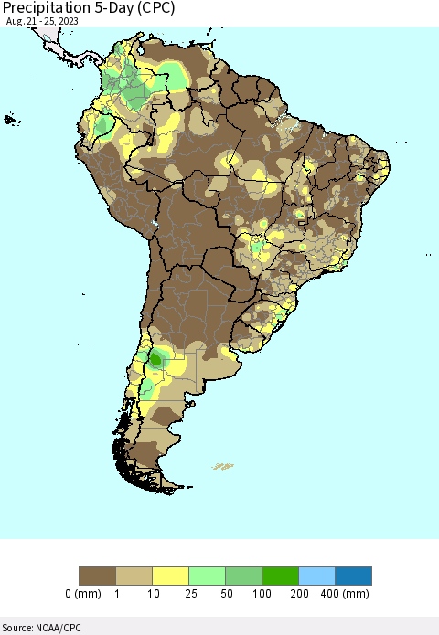 South America Precipitation 5-Day (CPC) Thematic Map For 8/21/2023 - 8/25/2023