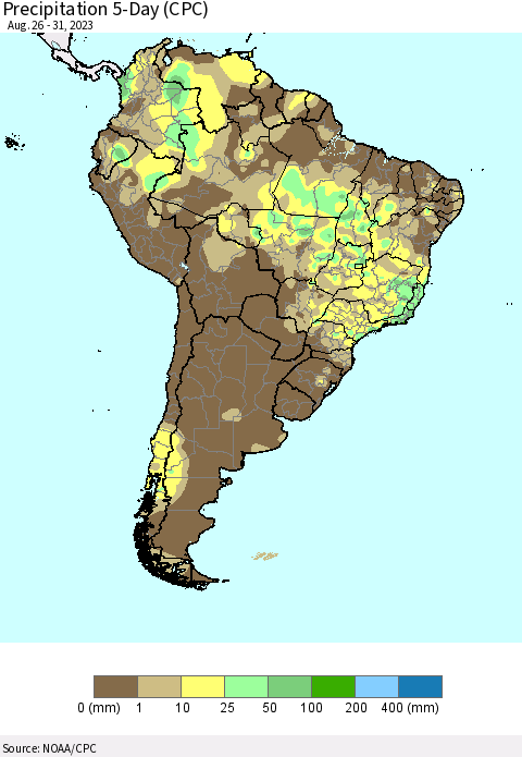 South America Precipitation 5-Day (CPC) Thematic Map For 8/26/2023 - 8/31/2023