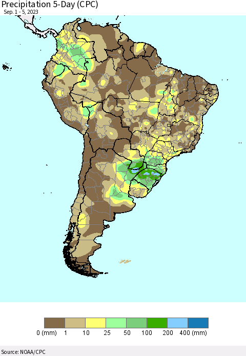 South America Precipitation 5-Day (CPC) Thematic Map For 9/1/2023 - 9/5/2023