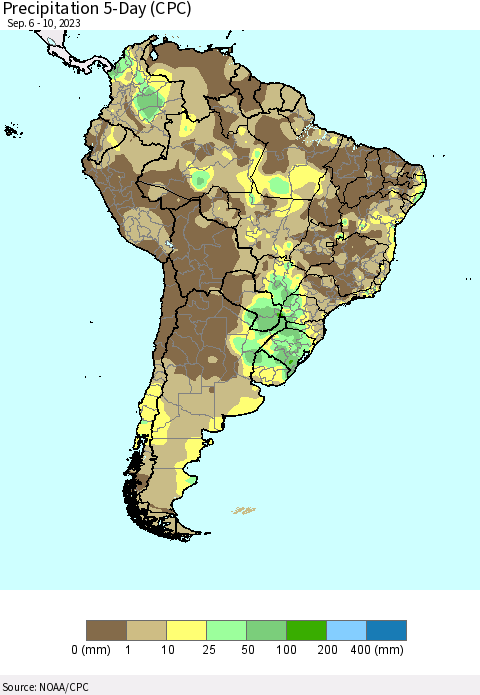 South America Precipitation 5-Day (CPC) Thematic Map For 9/6/2023 - 9/10/2023