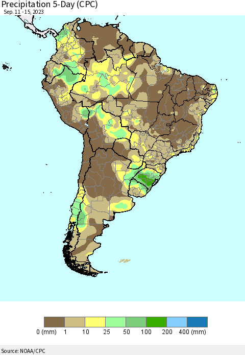 South America Precipitation 5-Day (CPC) Thematic Map For 9/11/2023 - 9/15/2023
