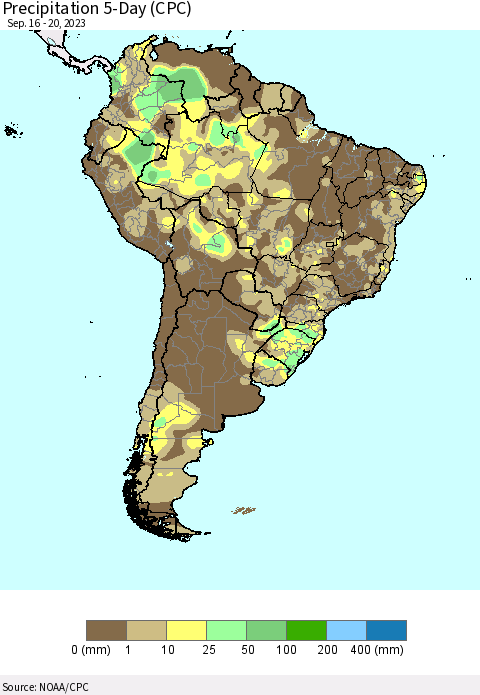 South America Precipitation 5-Day (CPC) Thematic Map For 9/16/2023 - 9/20/2023