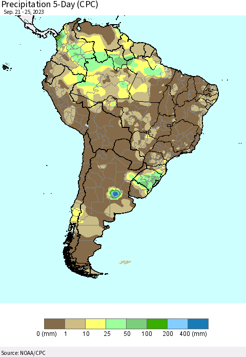 South America Precipitation 5-Day (CPC) Thematic Map For 9/21/2023 - 9/25/2023