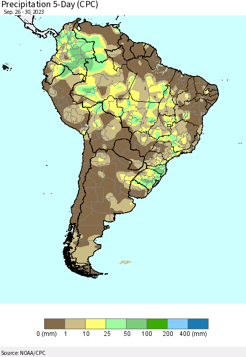 South America Precipitation 5-Day (CPC) Thematic Map For 9/26/2023 - 9/30/2023