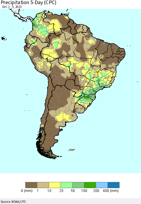 South America Precipitation 5-Day (CPC) Thematic Map For 10/1/2023 - 10/5/2023