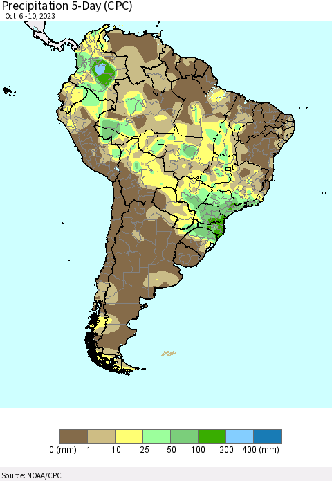 South America Precipitation 5-Day (CPC) Thematic Map For 10/6/2023 - 10/10/2023