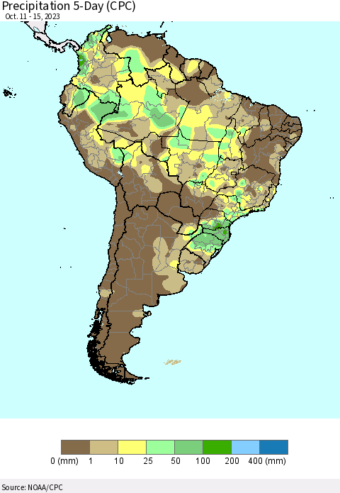 South America Precipitation 5-Day (CPC) Thematic Map For 10/11/2023 - 10/15/2023