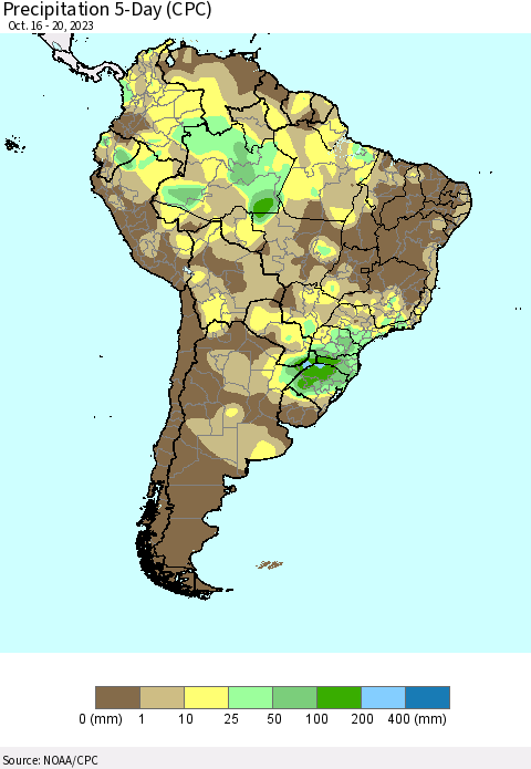 South America Precipitation 5-Day (CPC) Thematic Map For 10/16/2023 - 10/20/2023