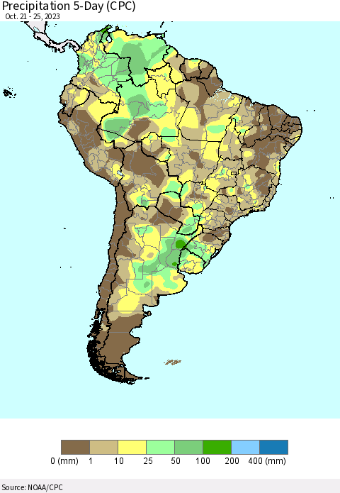 South America Precipitation 5-Day (CPC) Thematic Map For 10/21/2023 - 10/25/2023