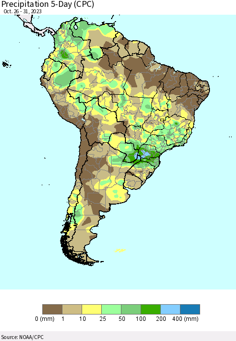 South America Precipitation 5-Day (CPC) Thematic Map For 10/26/2023 - 10/31/2023