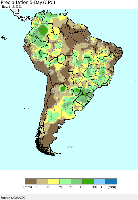 South America Precipitation 5-Day (CPC) Thematic Map For 11/1/2023 - 11/5/2023