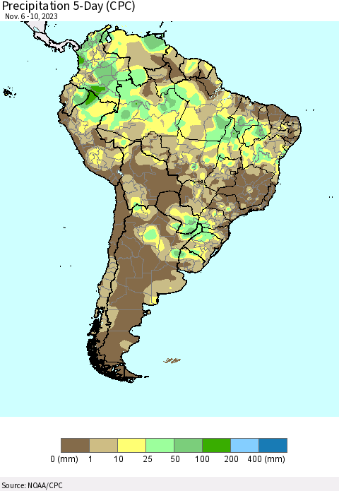South America Precipitation 5-Day (CPC) Thematic Map For 11/6/2023 - 11/10/2023