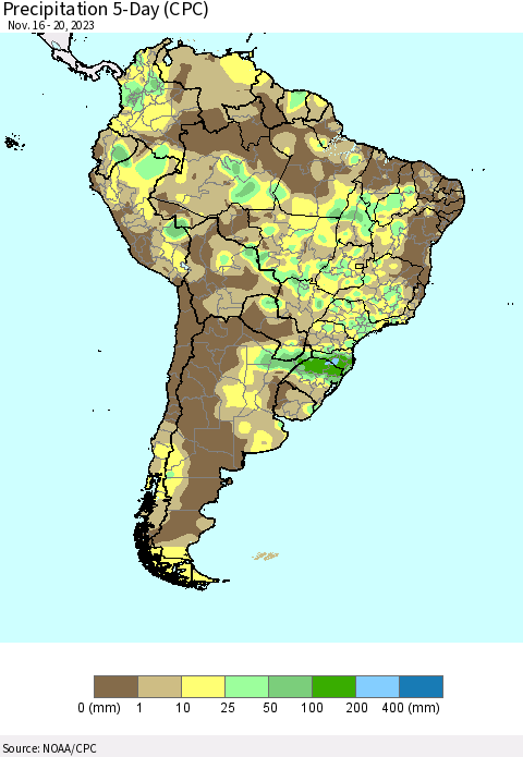 South America Precipitation 5-Day (CPC) Thematic Map For 11/16/2023 - 11/20/2023