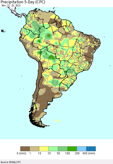 South America Precipitation 5-Day (CPC) Thematic Map For 11/21/2023 - 11/25/2023