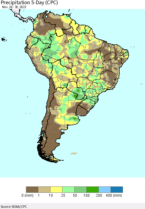 South America Precipitation 5-Day (CPC) Thematic Map For 11/26/2023 - 11/30/2023