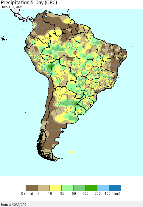 South America Precipitation 5-Day (CPC) Thematic Map For 12/1/2023 - 12/5/2023