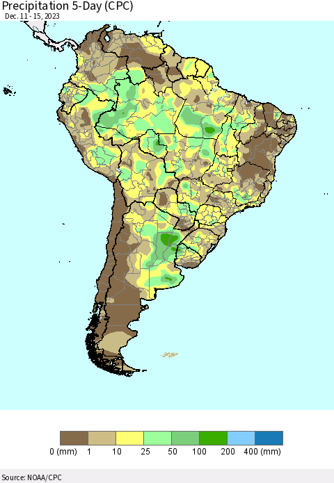 South America Precipitation 5-Day (CPC) Thematic Map For 12/11/2023 - 12/15/2023