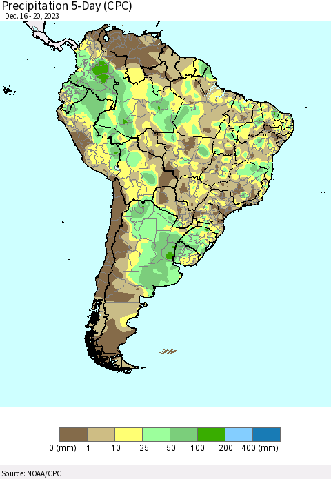 South America Precipitation 5-Day (CPC) Thematic Map For 12/16/2023 - 12/20/2023