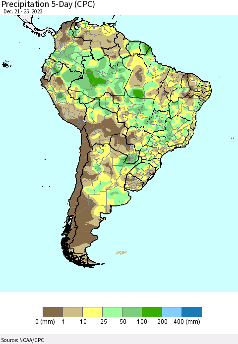 South America Precipitation 5-Day (CPC) Thematic Map For 12/21/2023 - 12/25/2023