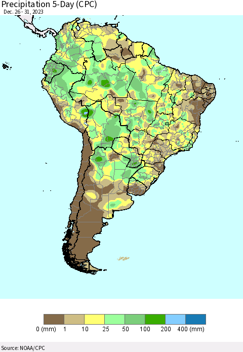 South America Precipitation 5-Day (CPC) Thematic Map For 12/26/2023 - 12/31/2023