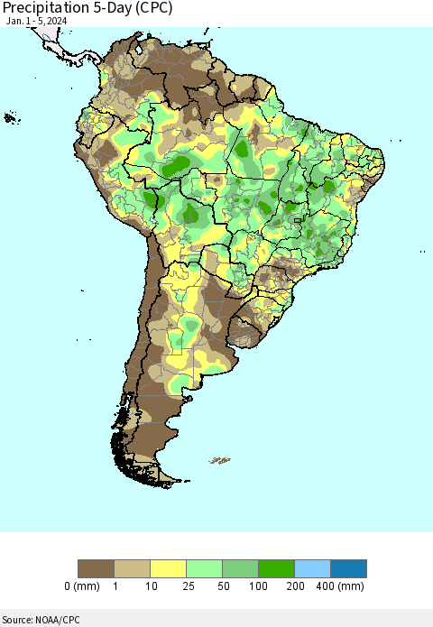 South America Precipitation 5-Day (CPC) Thematic Map For 1/1/2024 - 1/5/2024