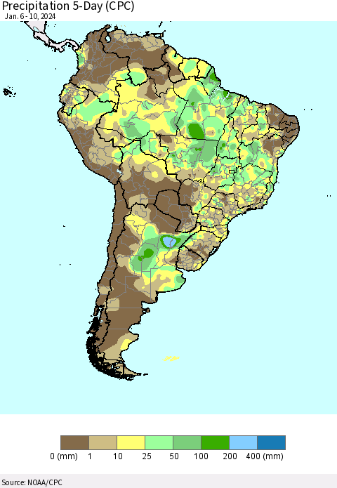 South America Precipitation 5-Day (CPC) Thematic Map For 1/6/2024 - 1/10/2024