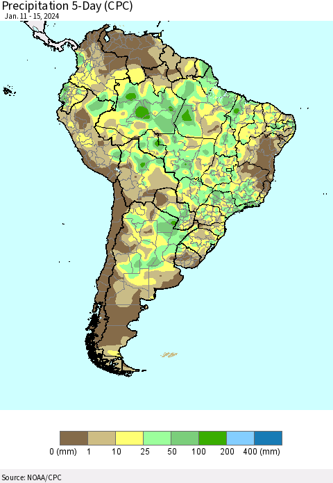 South America Precipitation 5-Day (CPC) Thematic Map For 1/11/2024 - 1/15/2024
